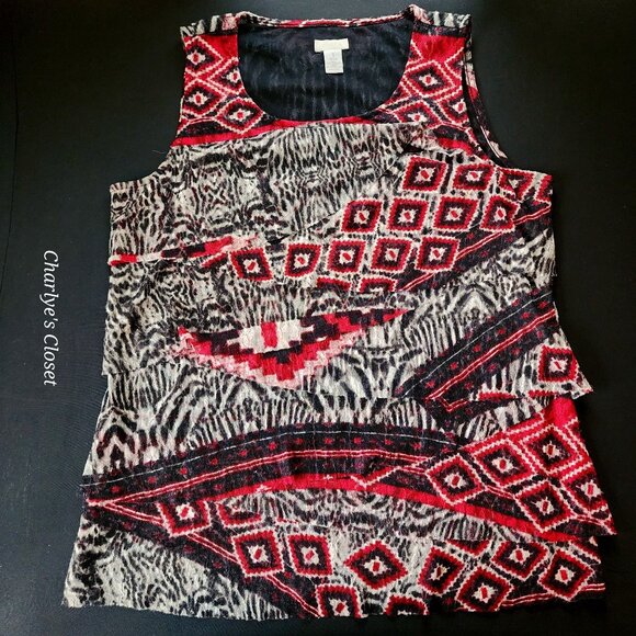 Chicos Red/Black Geo-Tribal Print Sleeveless‎ Stretch Tiered Shell Tank Sz 1 - Picture 2 of 9